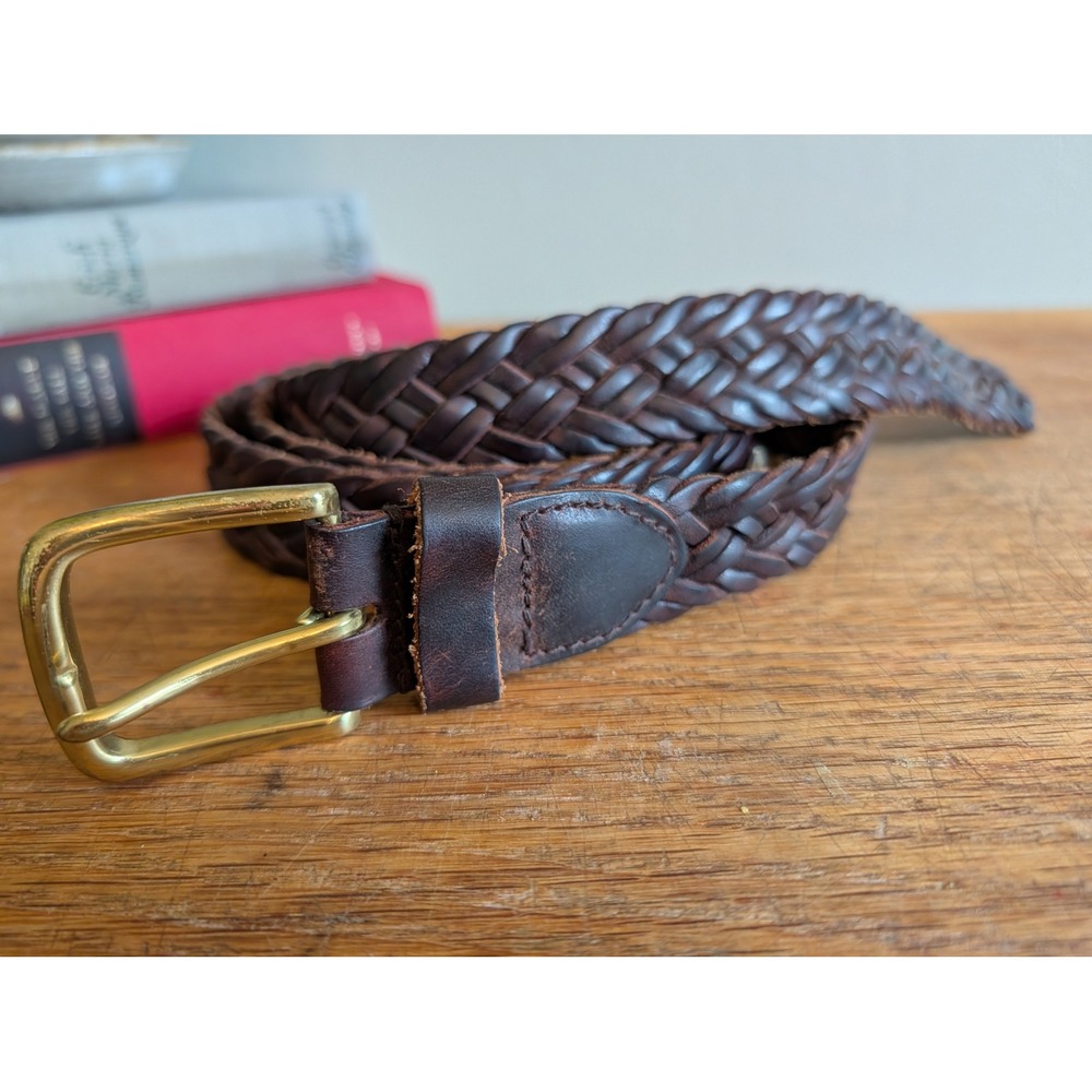 Nordstrom Mens Dark Brown Braided Full Grain Leather Belt Brass Buckle Size 44